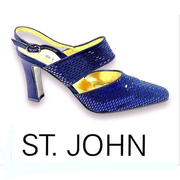 ST JOHN Electric Blue Sequin Evening Slingback Block Heels with Dust Bag SZ 7 - Picture 7 of 14